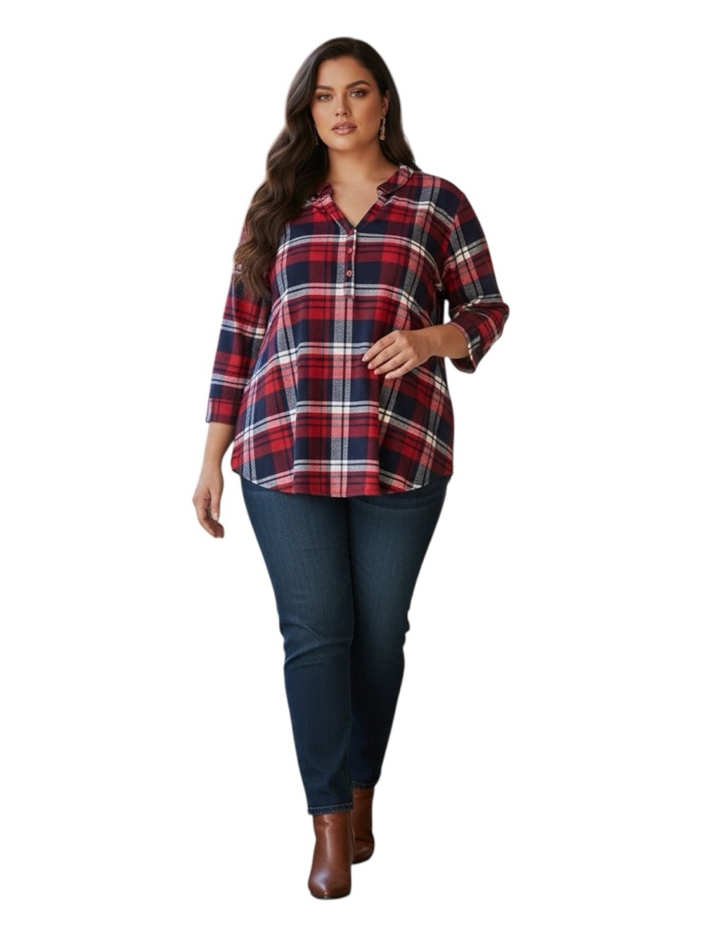 Woman Within Plus Size 4X Red Plaid V-Neck Tunic with Navy & White Accents